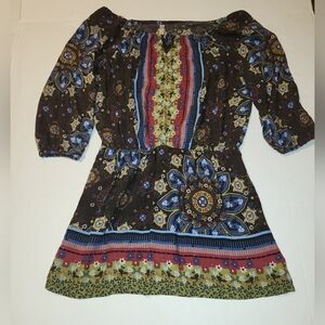 VTG Y2K Xhileration Brown Boho Paisley Print Peasant Mini Dress Large L EUC